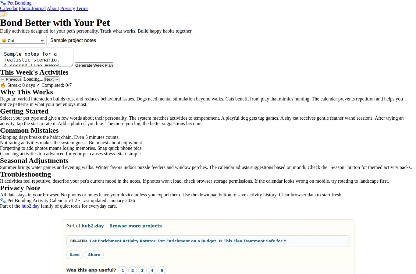 Screenshot of Pet Bonding Activity Calendar interface showing the project page in use